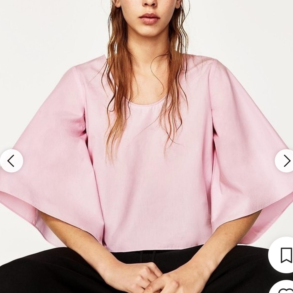 Zara Pink Cotton Cropped Batwing With Ruched Tie-Back Blouse Size L